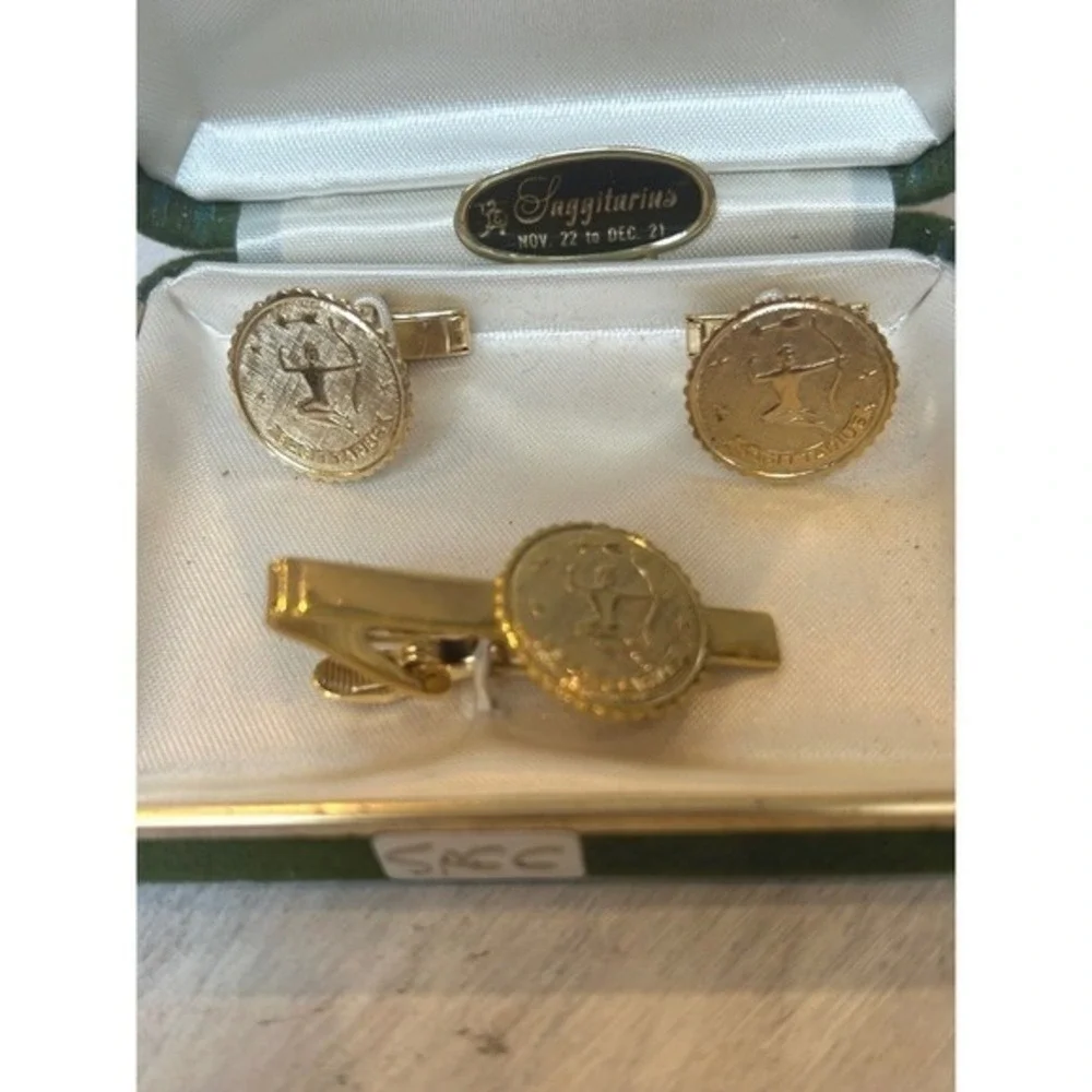 Stag Sagittarius Zodiac Gold Tone‎ Cufflinks Tie Clip Set Vintage Gift